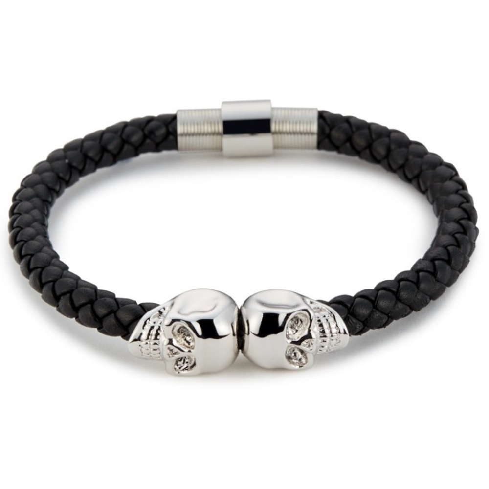 KAYLO PARIS BLACK NAPPA LEATHER/SILVER TWIN SCULL BRACELET